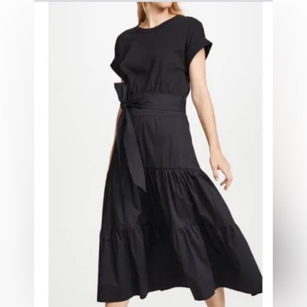 Veronica Beard Black Tiered Midi Dress with Waist Tie